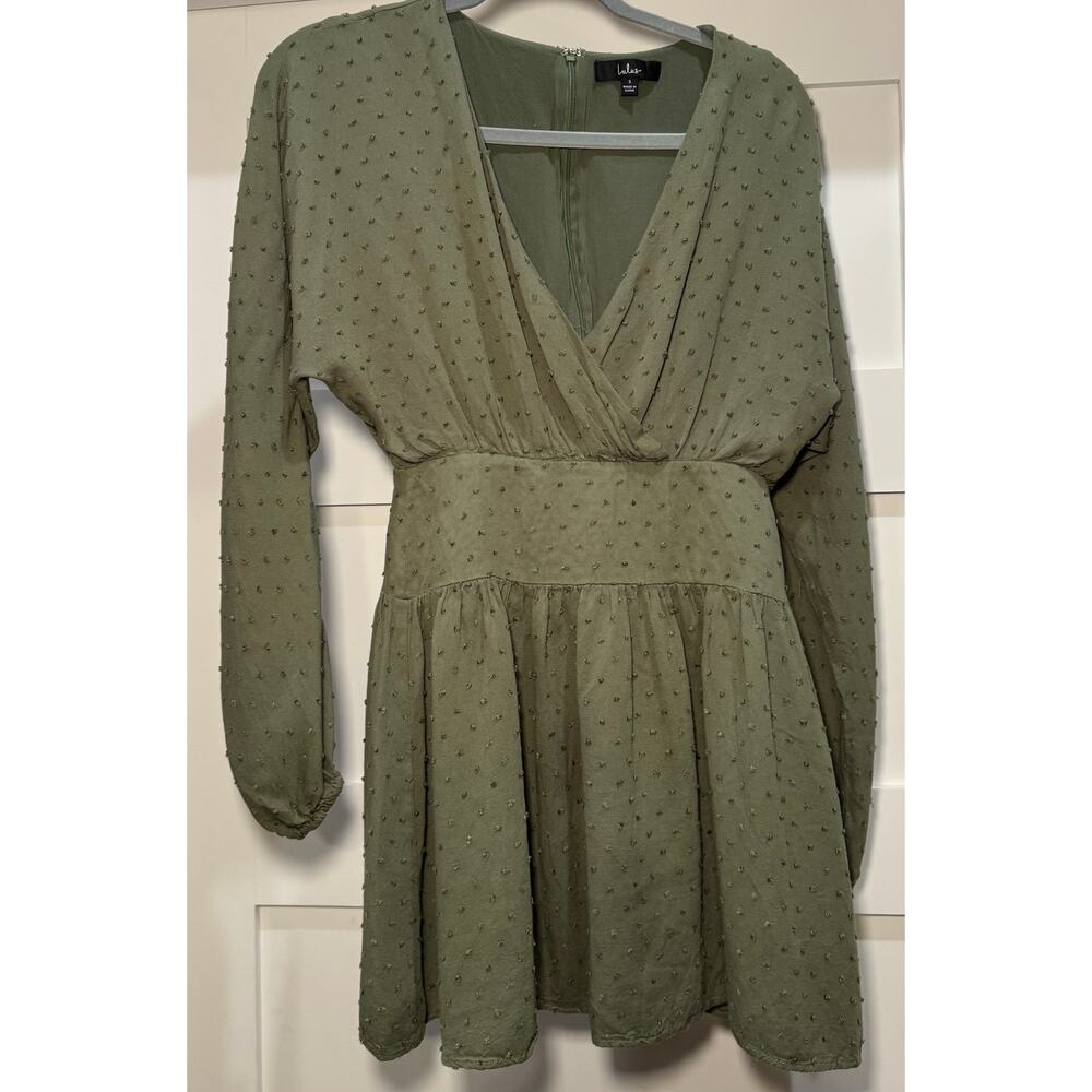 LuLus Boho Rayon Mini Dress Olive Green Dot Women's Size Small